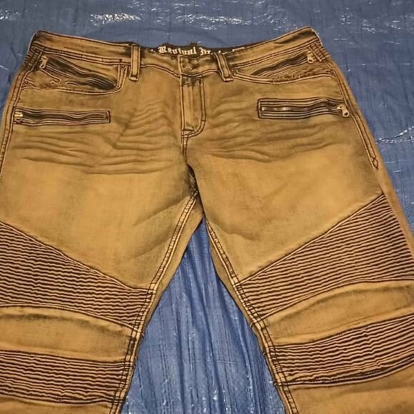 Rock Revival Moto Biker Tapered Faded Tan Leg Jeans “Elliot” Great Condition - Picture 3 of 11